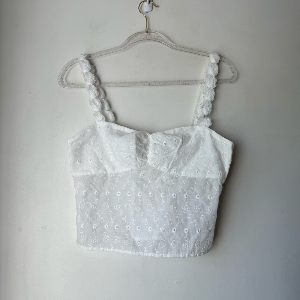 Princess Polly Franca White Eyelet Floral Embroidered Cropped Tank Top 6